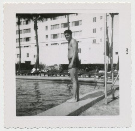 1958.02: Leon Charney by a swimming pool in Florida