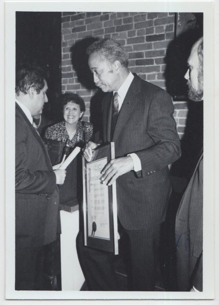 1986.05.07: Reception. Mayor Dinkins gives Leon Charney Proclamation