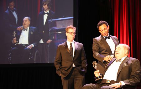 2014.03.30_Charney (EP) on Stage Emmy Acceptance Speech with Hukele (Director) and Tollin (Producer)