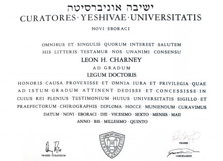 Yeshiva University Honery Doctorate of Law (Latin)