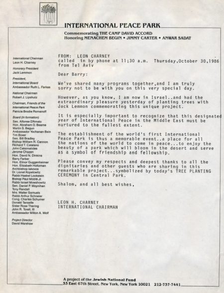 Personal Memo from Charney to Barry, International Peace Park, 1986.10.30