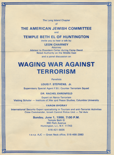 Waging War Against Terrorism, Panel Discussion, Temple Beth El Huntington, 1986.06.01